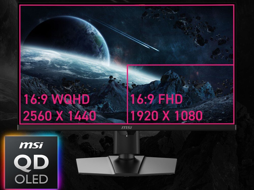 Monitor MSI 271QR QD-OLED X50 Ekran monitora prezentujący porównanie obszaru roboczego między dwiema rozdzielczościami: WQHD 2560 x 1440 oraz FHD 1920 x 1080 na tle grafiki z planetą i asteroidami, przekątna, rozdzielczość, kąty widzenia