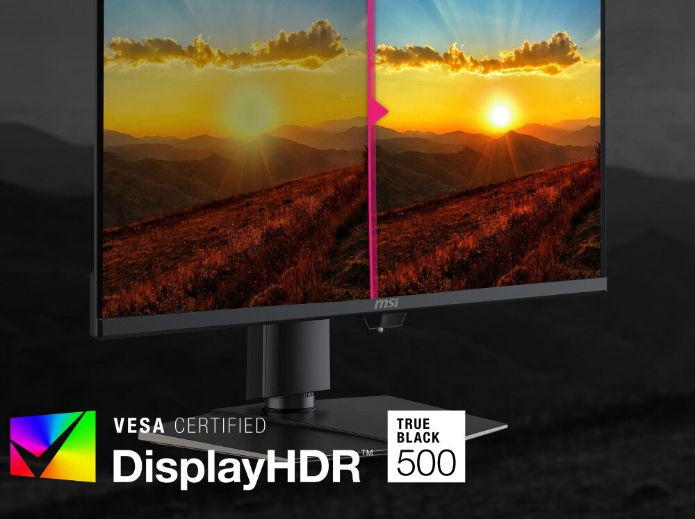 Monitor MSI 271QR QD-OLED X50 Krajobraz górski o zachodzie słońca wyświetlany na ekranie z pionową linią podziału, pokazujący różnicę w kontraście i nasyceniu barw, HDR, jasność, kontrast