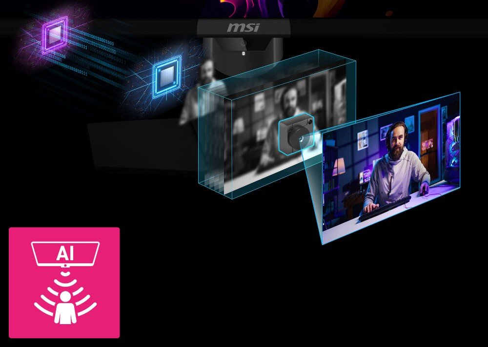 Monitor MSI 271QR QD-OLED X50 Ilustracja przedstawiająca działanie funkcji AI, która analizuje obraz użytkownika siedzącego przed komputerem, ochrona matrycy, czujnik, odświeżanie panelu