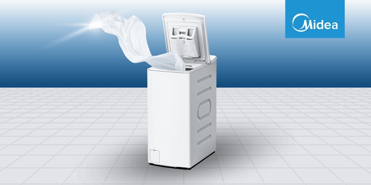 Pralka MIDEA MF100T60B W-PL zdjęcie lifestyle wizualizacja pralka logo front otwarta szybkie programy krótsze cykle Quick Wash 15 minut Rapid Wash 45 minut oszczędność
