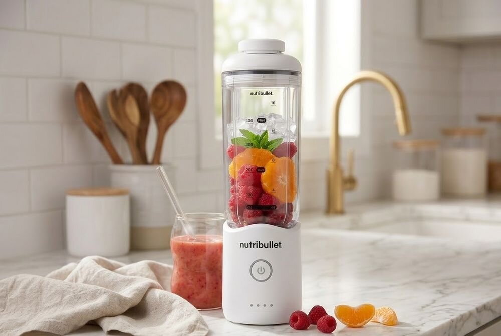 blender personalny NUTRIBULLET Flex NBP013.BL z owocami i lodem na blacie