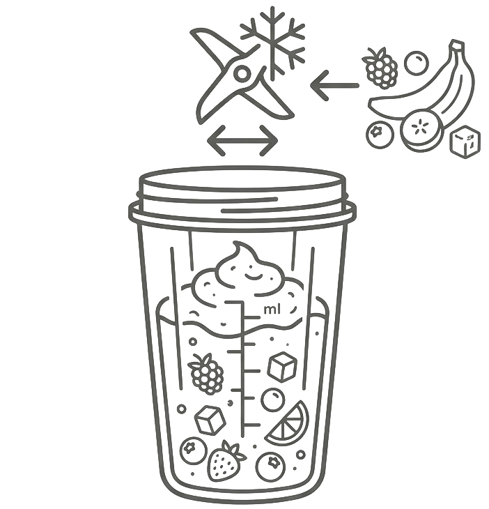 Ilustracja przedstawia kubek blendera z miarką, wypełniony owocami i kostkami lodu. Nad nim widoczny jest symbol ostrza z płatkiem śniegu oraz różne owoce, takie jak banan, jagody i plaster cytryny.