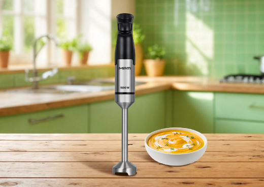 Blender ręczny na kuchennym blacie z oznaczeniem mocy: 1500 W.