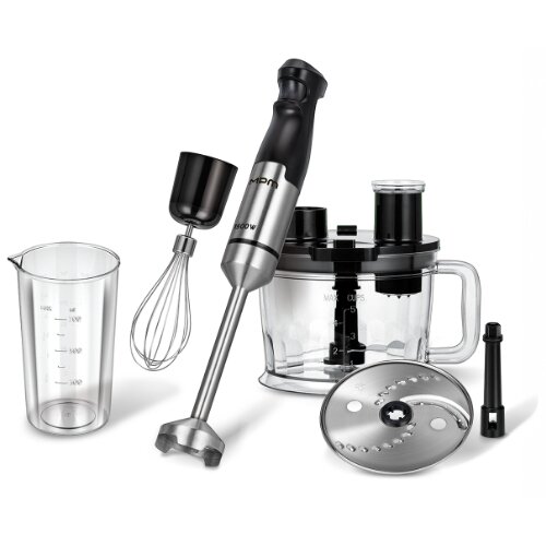 Blender ręczny z pojemnikiem, wymienną tarczą, przystawką do ubijania piany,  pojemnik z dziubkiem i miarką.