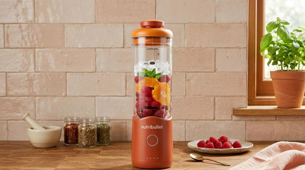 blender personalny NUTRIBULLET Flex NBP013.OR z owocami i lodem na blacie