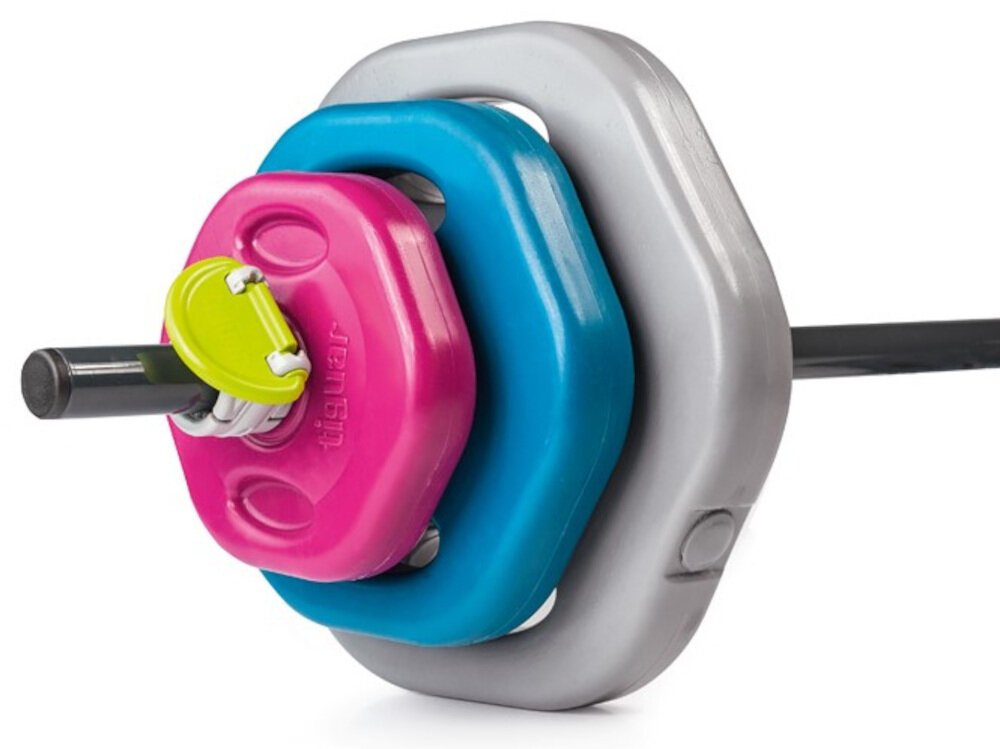 Sztanga TIGUAR Peowr Gym (18 kg) kolorowe obciążenia powłoka poliuretanowa 3 pary talerzy po dwa szare 4,5 kg dwa morskie 2,5 kg dwa śliwkowe 1,25 kg zaciski z wysokiej jakości komponentów z wysokiej jakości stali śrdnica gwintu 25 mm