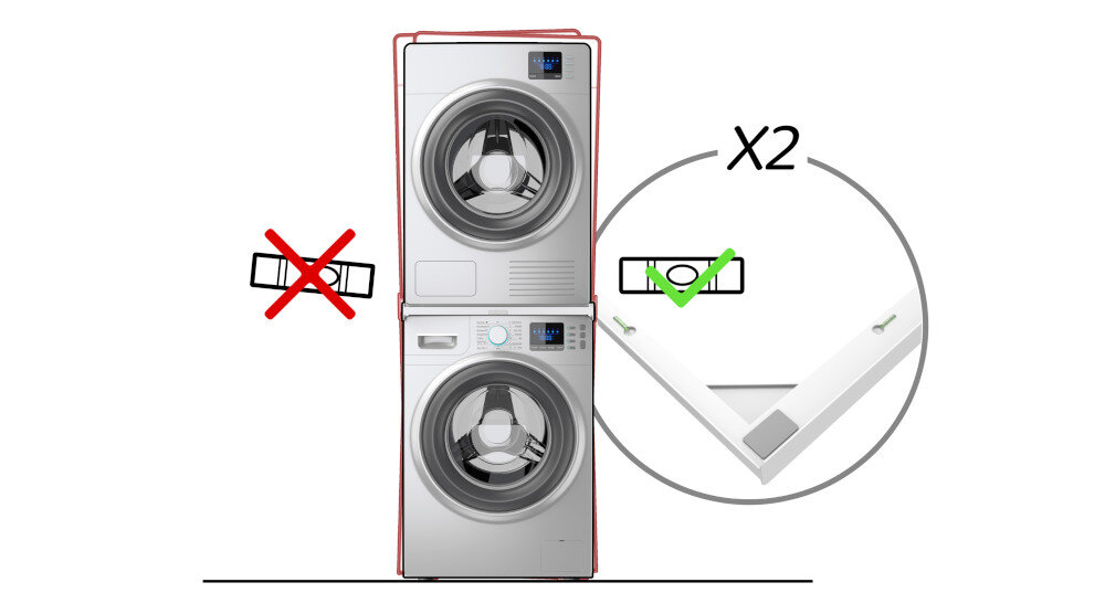 ŁĄCZNIK MELICONI TORRE Up Ilustracja przedstawia porównanie efektu ustawienia suszarki na pralce z użyciem poziomicy i bez niej. Wskazuje na przewagę dwóch poziomic, które zapewniają idealne wypoziomowanie w dwóch osiach precyzyjne poziomowanie łatwy montaż