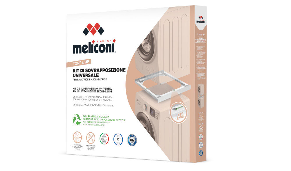 ŁĄCZNIK MELICONI TORRE Up Pokazane jest opakowanie zestawu Meliconi Torre Up, prezentujące grafikę produktu oraz jego główne cechy. Na pudełku podkreślono kompatybilność, łatwy montaż i wykorzystanie plastiku z recyklingu opakowanie zestaw pas zabezpieczający