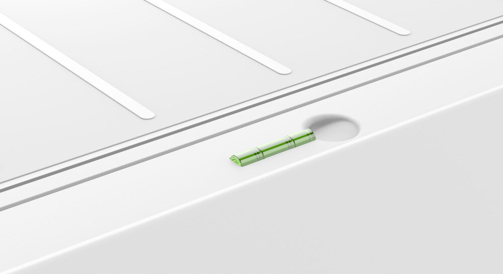 ŁĄCZNIK MELICONI TORRE DRY Z SZUFLADĄ Zbliżenie pokazuje poziomicę wbudowaną w powierzchnię półki. Ułatwia ona prawidłowe wypoziomowanie elementu podczas montażu zestawy poziomice dwie osie wypoziomowanie pralki ustawienie suszarki stabilna kolumna pralnicza precyzyjne poziomowanie łatwy montaż