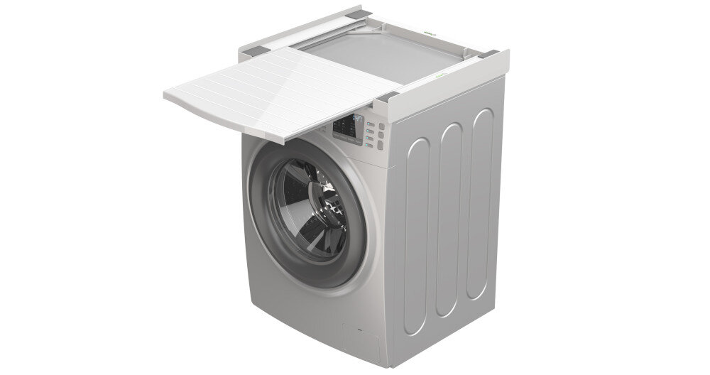 ŁĄCZNIK MELICONI TORRE DRY Z SZUFLADĄ Półka Torre Dry zamontowana została na górze pralki i jest wsunięta w pozycję spoczynkową. Widoczne poziomice i elementy montażowe podkreślają precyzyjne dopasowanie wysuwana półka stabilne podparcie przestrzeń robocza