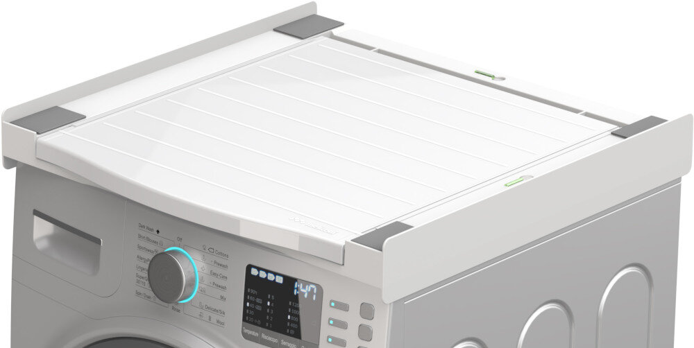 ŁĄCZNIK MELICONI TORRE DRY Z SZUFLADĄ Na zdjęciu widać wysuwaną półkę zamontowaną na górze pralki, wsuniętą w pozycję spoczynkową. Konstrukcja jest stabilna i dokładnie dopasowana, a widoczne poziomice pomagają w precyzyjnym wypoziomowaniu całego zestawu recykling eco z recyklingu stabilny wytrzymały 250 kg pas zabezpieczający metalowa klamra ochrona środowiska eco produkt