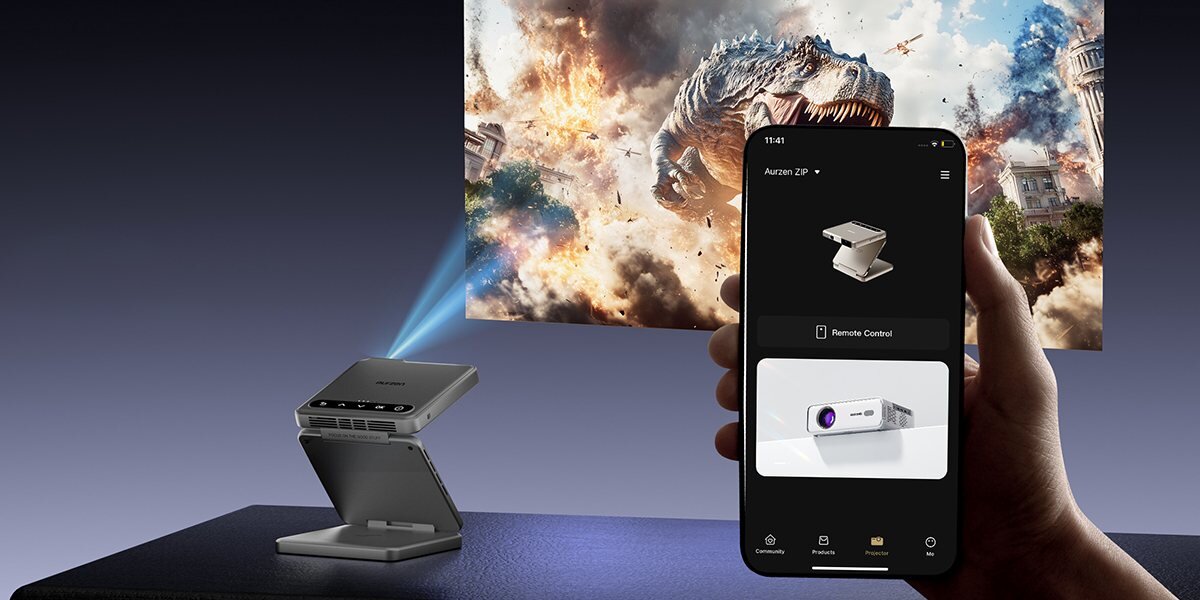 Projektor AURZEN Zip Tri-Fold Mini HD Dolby dźwięk 20 W mobilne audio, projektor wyświetlający obraz na ścianie, smartfon trzymany w ręku