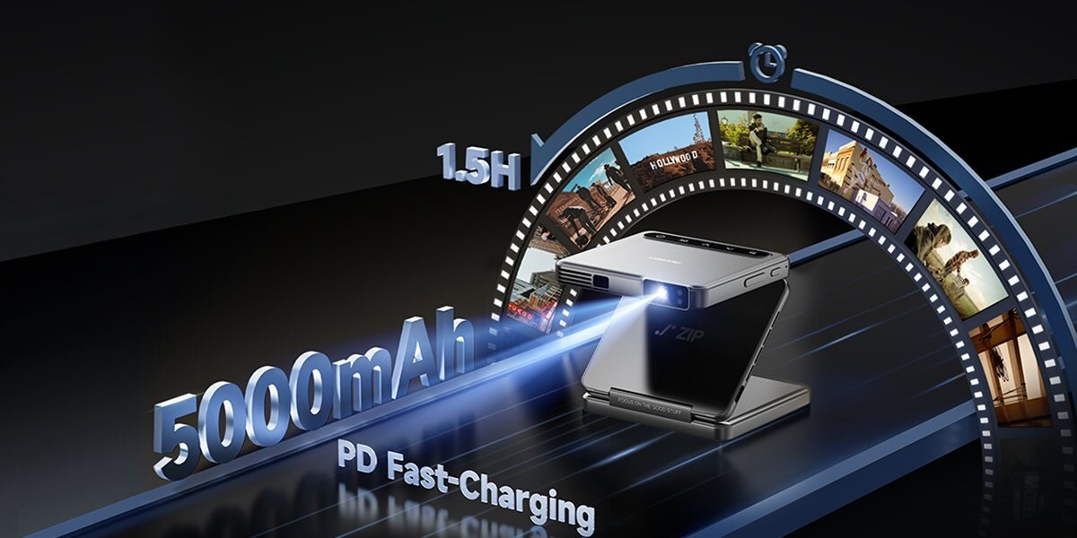 Projektor AURZEN Zip Tri-Fold Mini HD Google TV HDMI Bluetooth 5.4 streaming, osoba siedząca na sofie, projektor stojący na taśmie na czarnym tle