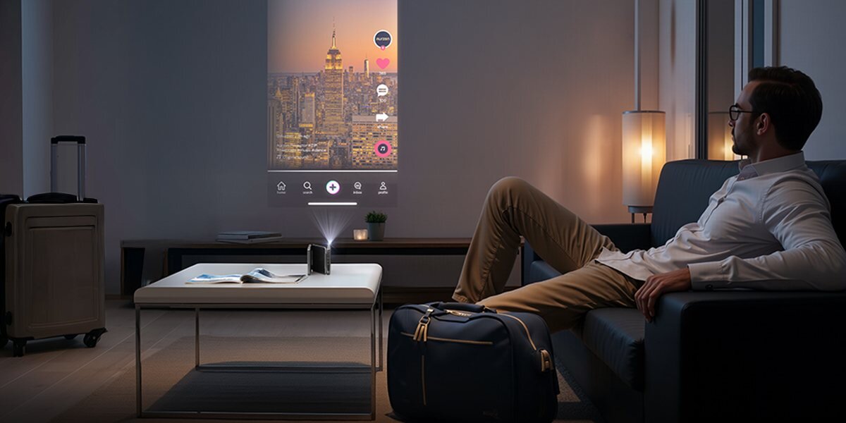 Projektor AURZEN Zip Tri-Fold Mini HD mobilne kino ogrodowe prezentacje, osoba siedząca na sofie, projhektor wyświetlający obraz na ścianie