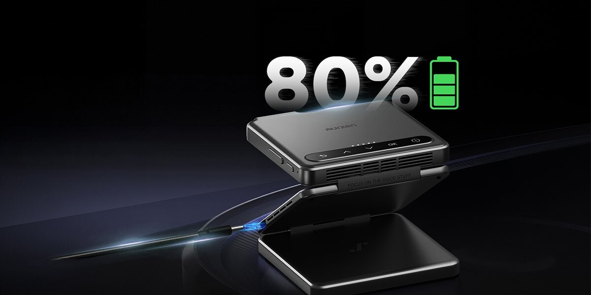 Projektor AURZEN Zip Tri-Fold Mini HD zestaw 4 w 1 akcesoria USB-A do USB-C, projektor na ciemnym tle