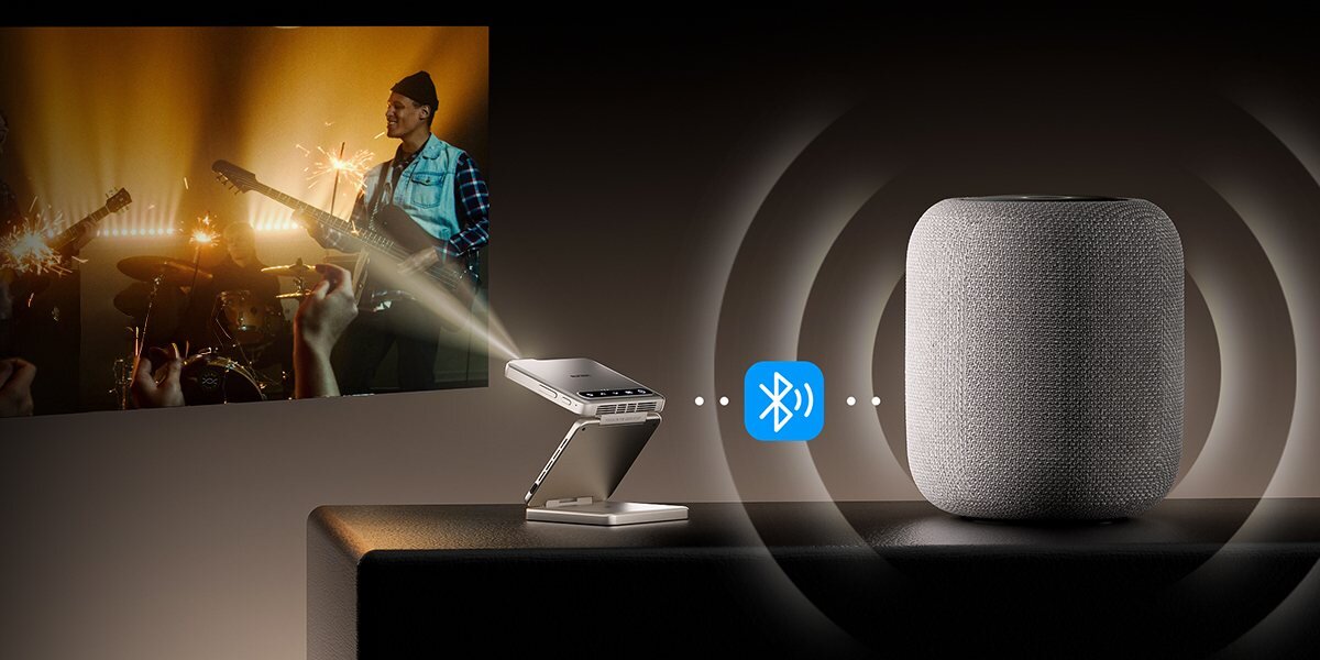 Projektor AURZEN Zip Tri-Fold Mini HD Dolby dźwięk 20 W mobilne audio, projektor wyświetlający obraz na ścianie połączony z głośnikiem Bluetooth