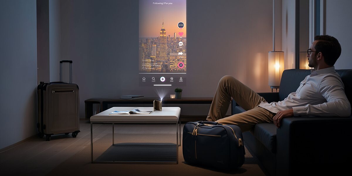 Projektor AURZEN Zip Tri-Fold Mini HD Google TV HDMI Bluetooth 5.4 streaming, osoba siedząca na sofie, projektor wyświetlający obraz na ścianie