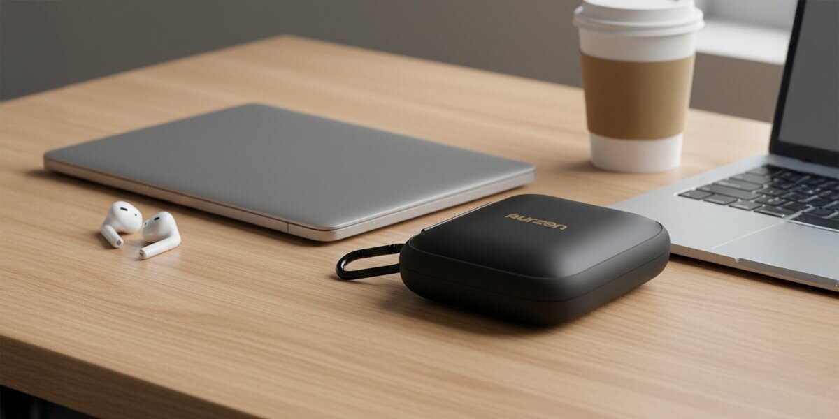 Futerał na projektor AURZEN Caseplay minimalistyczny styl estetyka, futerał leżący na stole obnok laptopa oraz tabletu