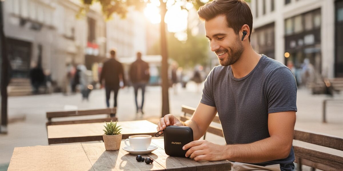 Futerał na projektor AURZEN Caseplay podróż ochrona transport ZIP, osoba trzymająca futerał w rękach