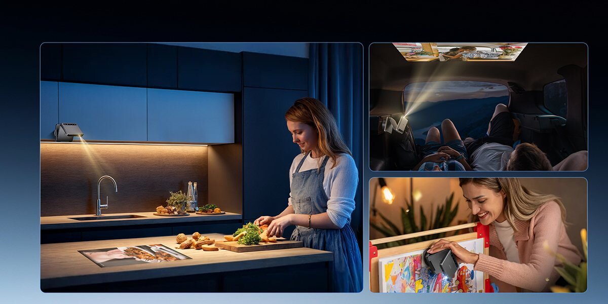 AURZEN MagPlay uchwyt do projektora ZIP vacuum-lock, stabilny montaż na szkle, blatach i panelach, trzy kadry uchwytu magnetycznego przyczepionego do różnych płaszczyzn