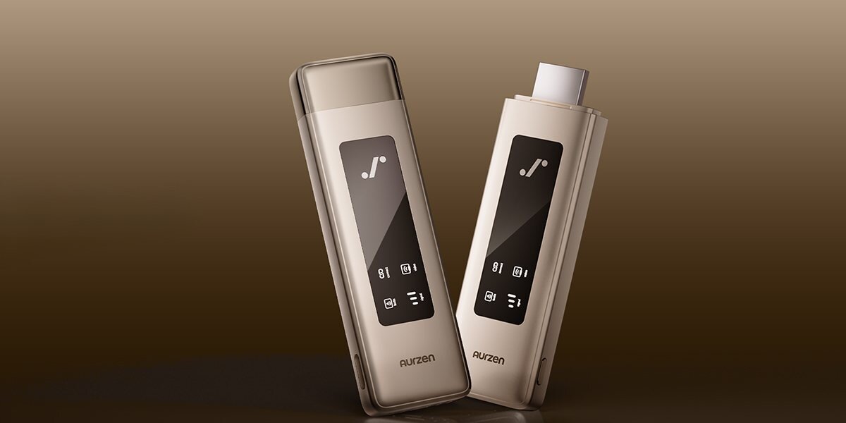 AURZEN CastPlay dongle HDMI kompatybilność projektor ZIP, PC, PS5, Xbox, Nintendo Switch, TV Box, wszechstronne zastosowanie, transmirtery na brązowym tle