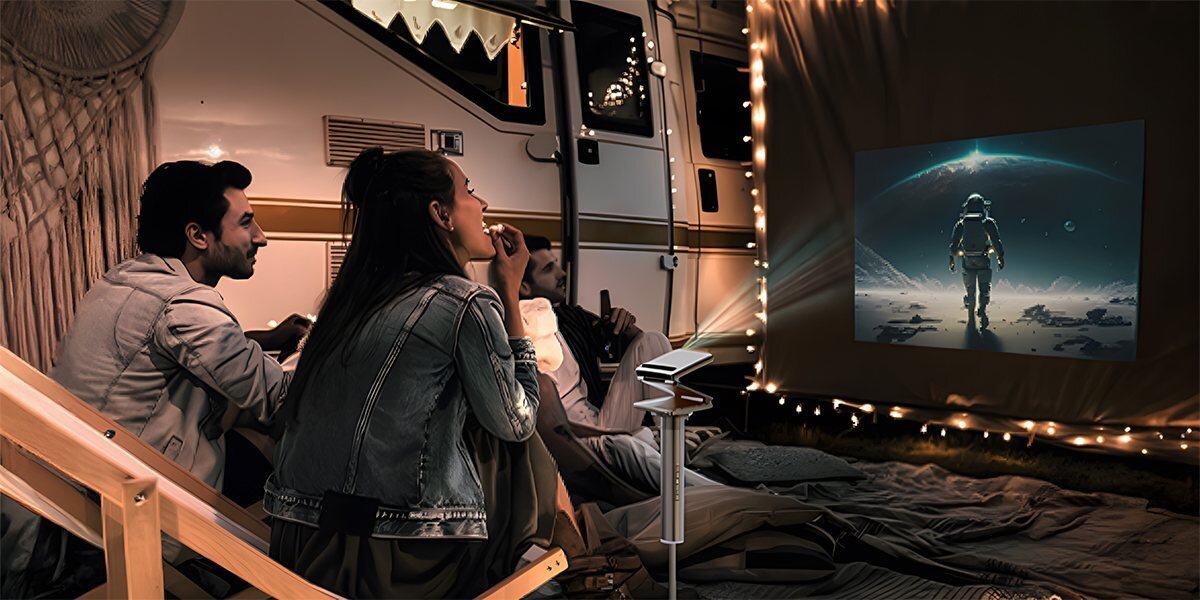 AURZEN Powerplay z powerbankiem 10000 mAh mobilne zasilanie projektora ZIP, projektor stojący na stojaku, który wyświetla obraz na ekranie projekcyjnym w plenerze