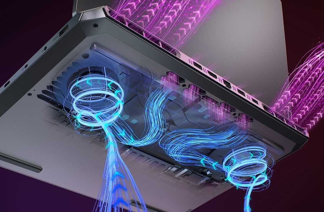 Wizualizacja systemu chłodzenia laptopa dwa wentylatory z niebieskimi wirami powietrza – System chłodzenia HyperChamber Cooling