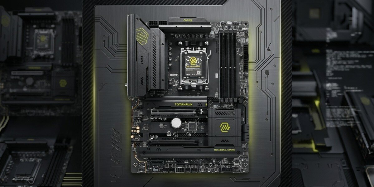 MSI MAG B850 Tomahawk na tle zbliżenia płyty głównej.
