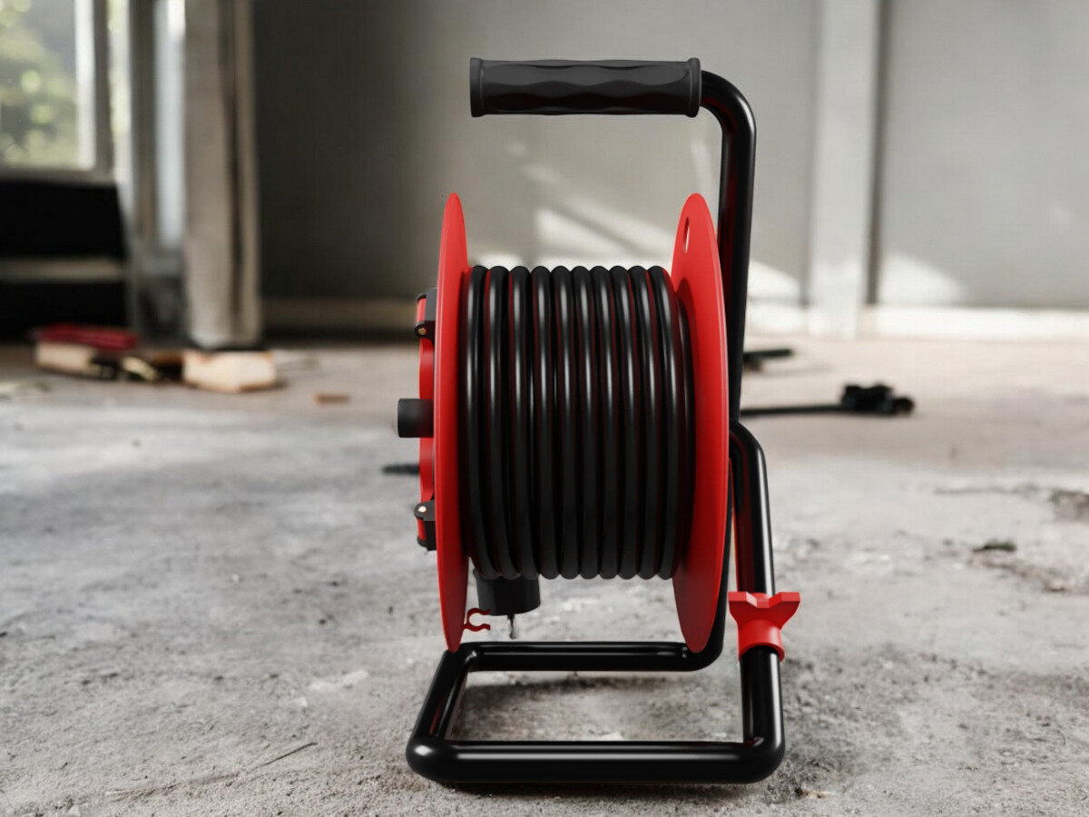 Przedłużacz bębnowy BORBY BY-02-36638 (50 m), moc, żyłka, przekrój, zasilanie, przedłużacz od boku frontem na wprost z nawiniętym kablem, w tle trwają prace remontowo-budowlane