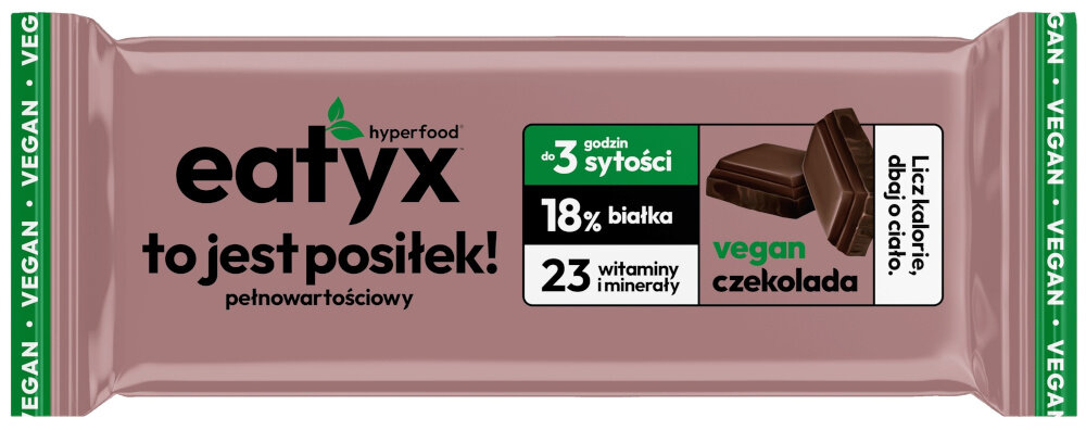 Baton proteinowy EATYX Hyperfood Czekoladowy (8 x 60 g) baton na białym tle nie zawiera glutenu laktozy barwników ani konserwantów nie zawiera dodatku cukru nie zastosowano syropu glukozowo-fruktozowego ani oleju palmowego formuła wegańska