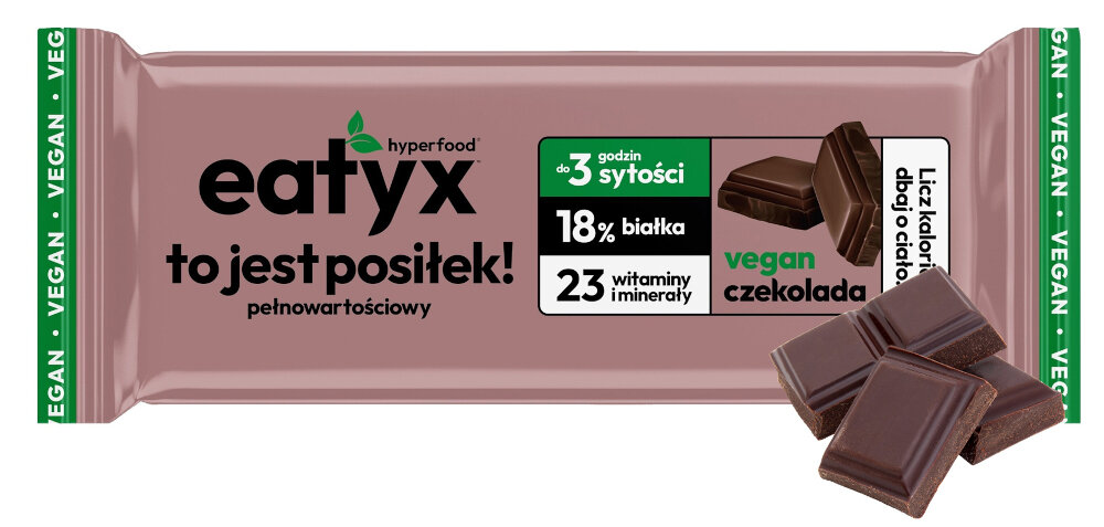 Baton proteinowy EATYX Hyperfood Czekoladowy (8 x 60 g) baton na białym tle obok kostki czekolady dla osób żyjących w szybkim tempie alternatywy dla posiłków dbających o skład diety preferujących roślinne i bezglutenowe rozwiązania sytość do 3 godzin