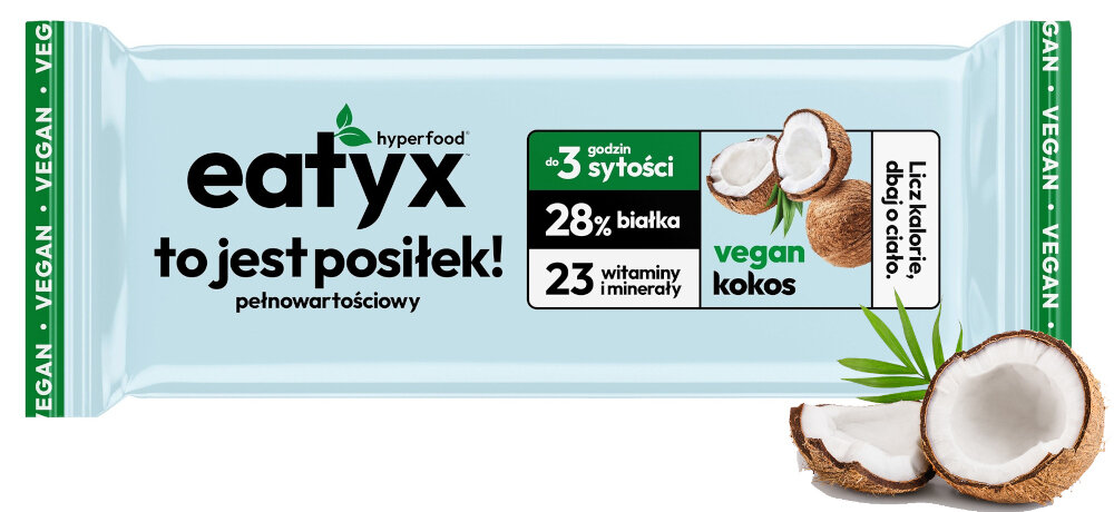 Baton proteinowy EATYX Hyperfood Kokosowy (8 x 60 g) białe tło baton obok kokos rozbity na pół wygoda i wartość odżywcza o smaku kokosowym pełnowartościowy posiłek może zastąpić śniadanie, obiad lub kolację przed lub po treningu gotowy do spożycia