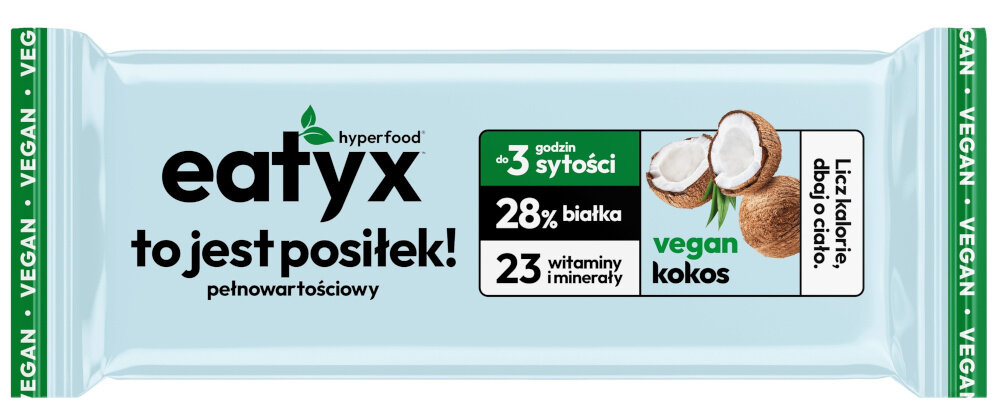 Baton proteinowy EATYX Hyperfood Kokosowy (8 x 60 g) baton na białym tle potas (320,2 mg) wapń (171,6 mg) fosfor (134,5 mg) wspierają prawidłową pracę mięśni i układu nerwowego żelazo (2,7 mg) cynk (1,9 mg) miedź (0,192 mg) mangan (0,4 mg) selen (10,6 µg) i jod (28,8 µg)