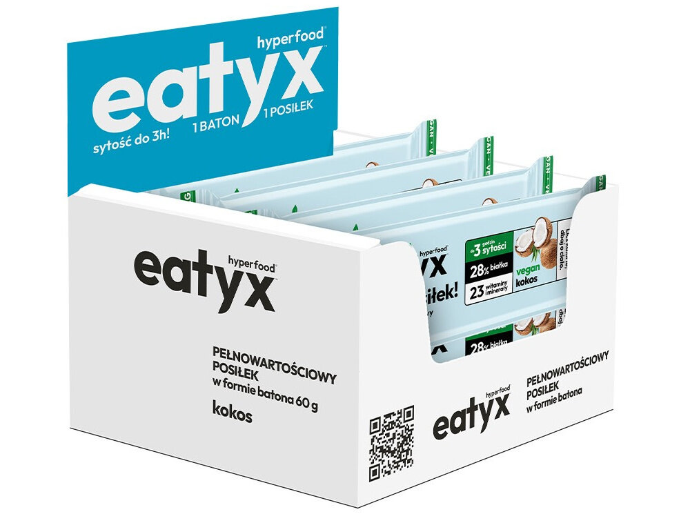 Baton proteinowy EATYX Hyperfood Kokosowy (8 x 60 g) opakowanie kartonik z batonami na białym tle zestaw