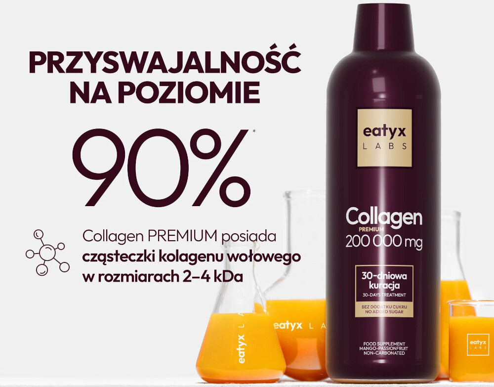 Kolagen EATYX Labs Premium 200000 mg Mango-marakuja (1000 ml) jasne tło butelka stoi na blacie obok butelki z sokiem duży napis mówiący o przyswajalności jedna porcja 32 ml dostarcza około 6670 mg hydrolizowanego kolagenu wołowego o masie cząsteczkowej 2-4 kDa witamina C (12 mg) prawidłowa produkcja kolagenu biotyna (7,5 µg) witamina B6na (0,21 mg) prawidłowy stan skóry i włosów