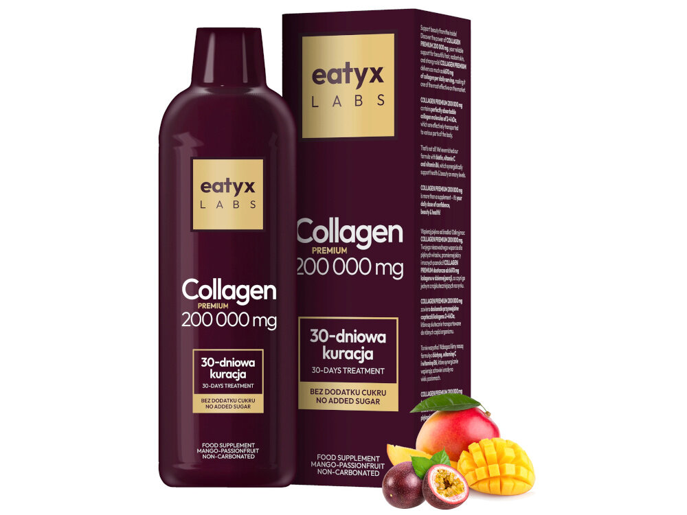 Kolagen EATYX Labs Premium 200000 mg Mango-marakuja (1000 ml) butelka na białym tle obok owoce mango i marakui owocowe połączenie mango i marakui przyjemny smak zachęca do regularnego stosowania płynna forma shotu jedna miarka dziennie