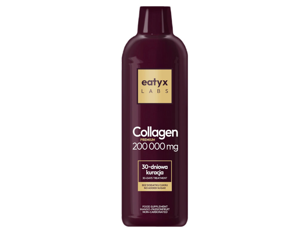 Kolagen EATYX Labs Premium 200000 mg Mango-marakuja (1000 ml) butelka na białym tle nie zawiera dodatku cukru ani glutenu bez składników pochodzących z ryb i owoców morza wygoda estetyka i konsekwencja w codziennej pielęgnacji