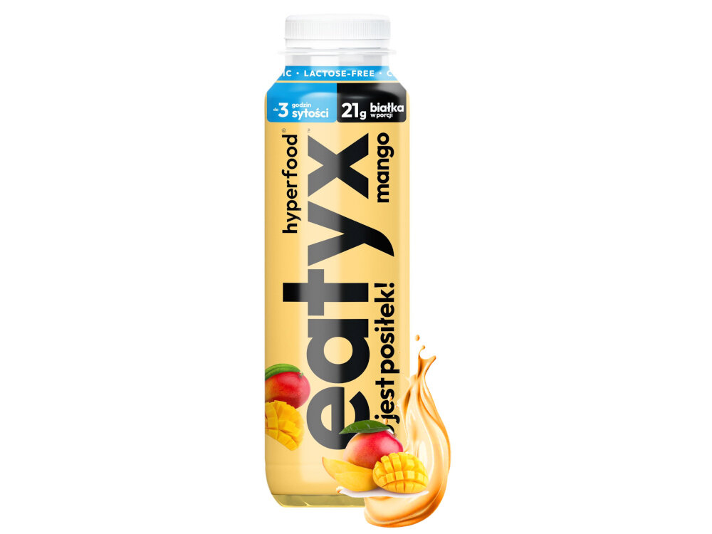 Posiłek w płynie EATYX Hyperfood Mango (300 ml) butelka posiłku na białym tle obok owoce mango w płynnej formie pełnowartościowa porcja składników odżywczych o smaku mango kompletny posiłek w butelce o pojemności 300 ml, gotowy do spożycia od razu po otwarciu