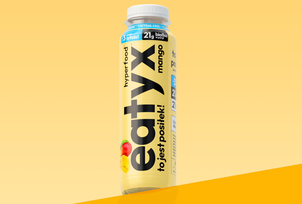 Posiłek w płynie EATYX Hyperfood Mango (300 ml) butelka posiłku na białym tle około 21 g białka w porcji 303 kcal dla osób dbających o bilans energetyczny inulina naturalny prebiotyk wsparcie układu pokarmowego pomaga w utrzymaniu prawidłowej wagi źródło naturalnego błonnika