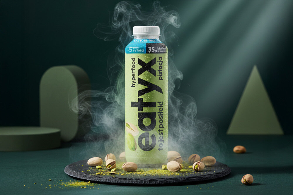 Posiłek w płynie EATYX Hyperfood Pistacjowy (500 ml) ciemne tło butelka ustawiona na czarnym płaskim kamieniu wokół butelki leżą pistacje posiłek w płynnie zbilansowany posiłek zdrowie