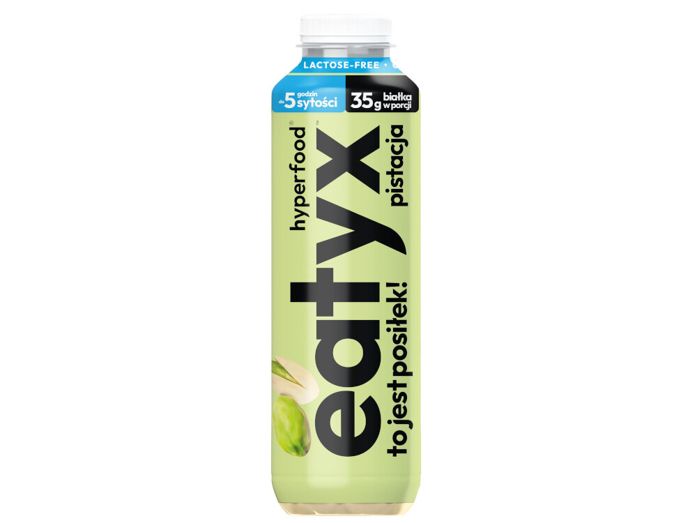 Posiłek w płynie EATYX Hyperfood Pistacjowy (500 ml) butelka posiłku na białym tle aksamitna, płynna konsystencja wyraźny smak pistacjowy smukła butelka pełnowartościowy posiłek w płynie świadome odżywianie dla osób prowadzących aktywny tryb życia dbają o poziom glikemii wygodnych i zbilansowanych rozwiązań żywieniowych
