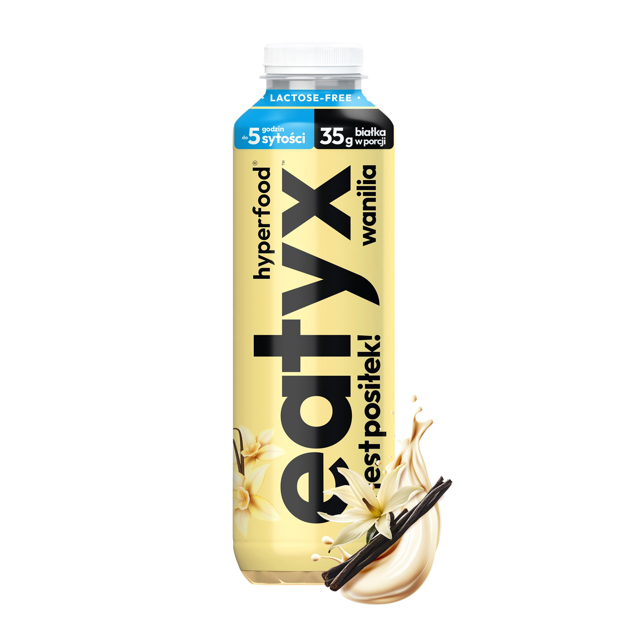 Posiłek w płynie EATYX Hyperfood Waniliowy (500 ml) butelka posiłku na białym tle obok leżą laski wanilii w płynnej formie pełnowartościowa porcja składników odżywczych o smaku waniliowym kompletny posiłek w butelce o pojemności 500 ml, gotowy do spożycia od razu po otwarciu