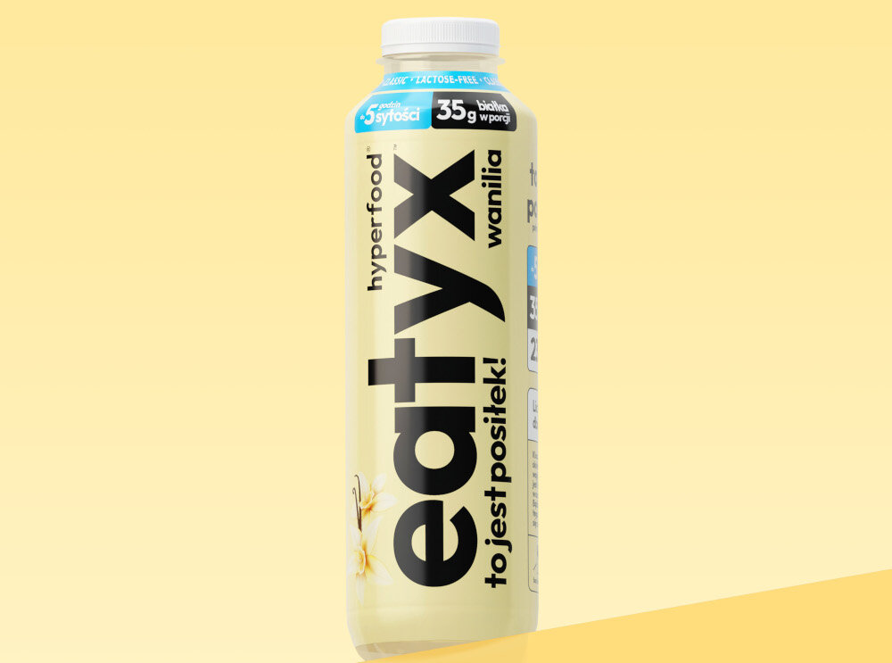Posiłek w płynie EATYX Hyperfood Waniliowy (500 ml) butelka posiłku na żółtym tle około 35 g białka w porcji 505 kcal dla osób dbających o bilans energetyczny inulina naturalny prebiotyk wsparcie układu pokarmowego pomaga w utrzymaniu prawidłowej wagi źródło naturalnego błonnika