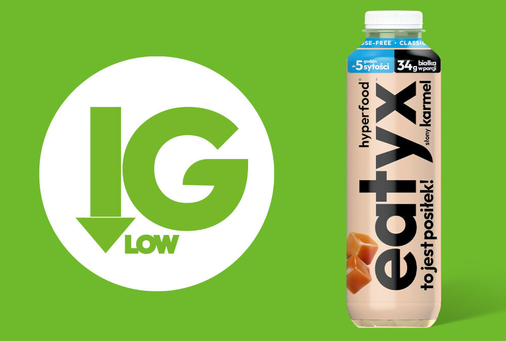 Posiłek w płynie EATYX Hyperfood Słony Karmel (500 ml) butelka posiłku na zielonym tle obok napis IG low badania przeprowadzone przez Uniwersytet Medyczny im. Karola Marcinkowskiego w Poznaniu charakteryzuje się niskim indeksem glikemicznym nieprzekraczającym 55