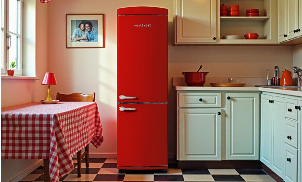 Lodówka VESTFROST VR-FB373-2E2RD Zdjęcie pokazuje czerwoną lodówko‑zamrażarkę Vestfrost w stylu retro ustawioną w jasnej kuchni z białą zabudową i ceglaną ścianą w tle. Oświetlenie skupia się na lodówce i blacie z garnkami oraz akcesoriami kuchennymi, podczas gdy reszta wnętrza pozostaje w półmroku, podkreślając kolor i design urządzenia