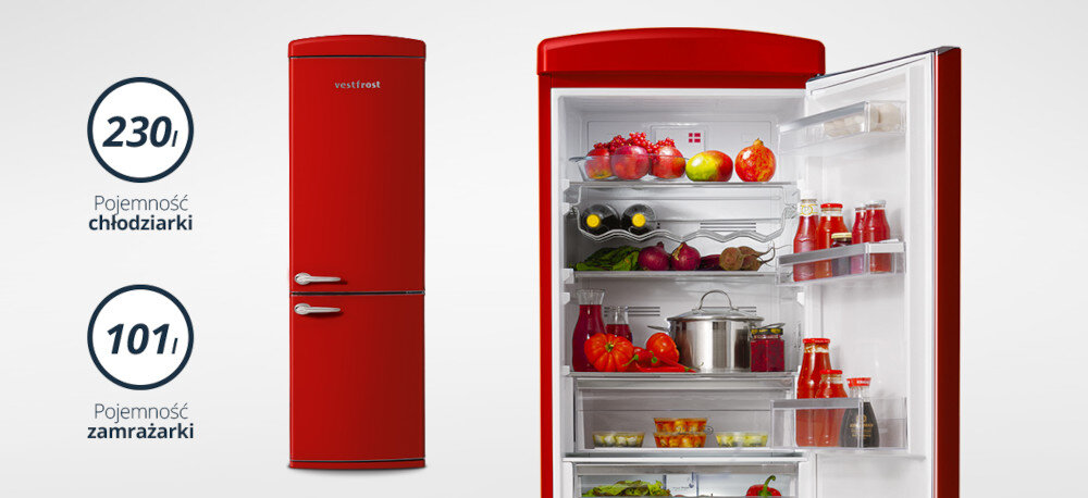 Lodówka VESTFROST VR-FB373-2E2RD Grafika prezentuje czerwoną lodówkę Vestfrost retro w dwóch ujęciach: zamkniętą oraz z otwartymi drzwiami, odsłaniającymi pojemne, jasno oświetlone wnętrze wypełnione produktami spożywczymi. Po lewej stronie umieszczono czytelne oznaczenia pojemności: 230 l dla chłodziarki i 101 l dla zamrażarki, zapisane w okrągłych piktogramach duża pojemność 331 litrów przestronne wnętrze organizacja zakupów zapasy rodzinne ergonomiczny układ półek