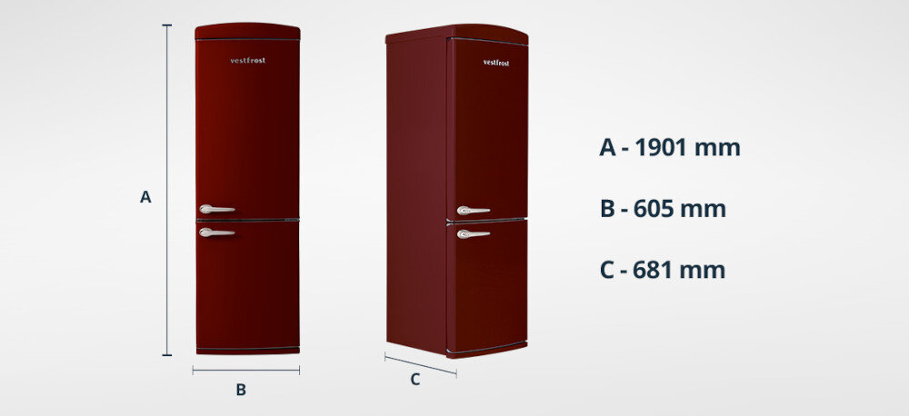 Lodówka VESTFROST VR-FB373-2E2BR wysokość 190 cm szerokość 60 cm głębokość 68 cm kompaktowe wymiary dopasowanie do kuchni ergonomia zabudowy