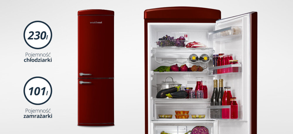 Lodówka VESTFROST VR-FB373-2E2BR Grafika prezentuje bordową lodówkę Vestfrost retro w dwóch ujęciach: zamkniętą oraz z otwartymi drzwiami, odsłaniającymi pojemne, jasno oświetlone wnętrze wypełnione produktami spożywczymi. Po lewej stronie umieszczono czytelne oznaczenia pojemności: 230 l dla chłodziarki i 101 l dla zamrażarki, zapisane w okrągłych piktogramach duża pojemność 331 litrów przestronne wnętrze organizacja zakupów zapasy rodzinne ergonomiczny układ półek
