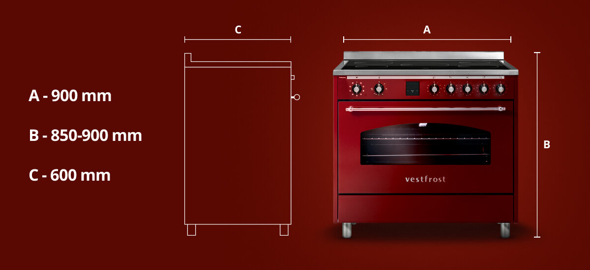 Kuchnia VESTFROST VC-993WNPIBR.2 Na zdjęciu znajduje się rysunek techniczny oraz zdjęcie kuchni gazowej Vestfrost wraz z jej wymiarami: szerokością 900 mm, wysokością regulowaną w zakresie 850–900 mm oraz głębokością 600 mm. Grafika ułatwia sprawdzenie, czy urządzenie zmieści się w planowanym miejscu montażu szerokość 90 cm głębokość 60 cm wysokość 85-90 cm regulowane nóżki dopasowanie do blatu większy rozmiar duże możliwości bordowo satynowe wykończenie stylowe wyposażenie