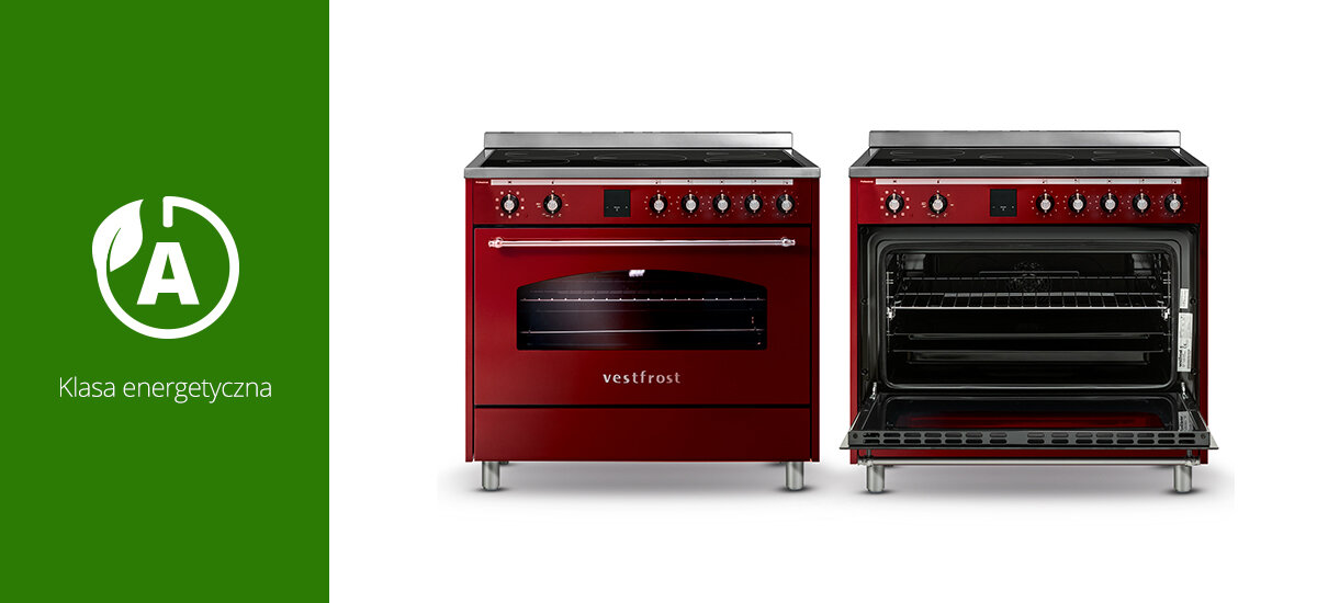 Kuchnia VESTFROST VC-993WNPIBR.2 Na zdjęciu widoczne są dwie kuchenki gazowe Vestfrost – jedna zamknięta, a druga z otwartymi drzwiczkami piekarnika. Po lewej stronie znajduje się grafika informująca o klasie energetycznej A urządzenia klasa energetyczna A oszczędność energii niższe rachunki efektywna technologia ekologiczne rozwiązania mniejsze zużycie prądu Vestfrost A